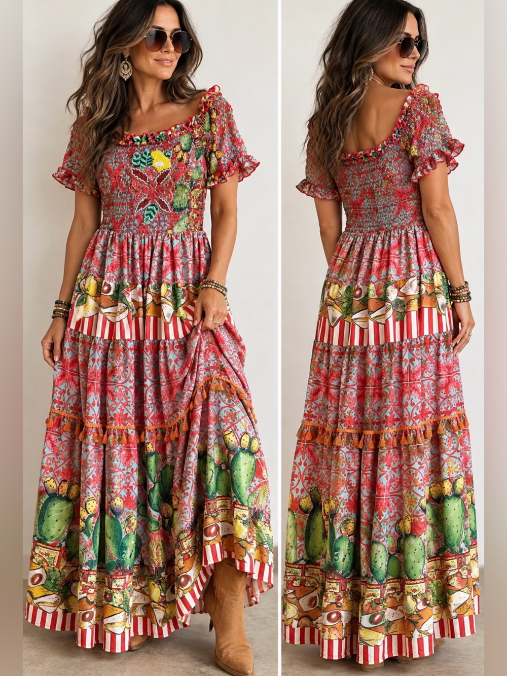 Desigual Red, Green and Blue Tiered Maxi Skirt with Floral & Cactus Motifs